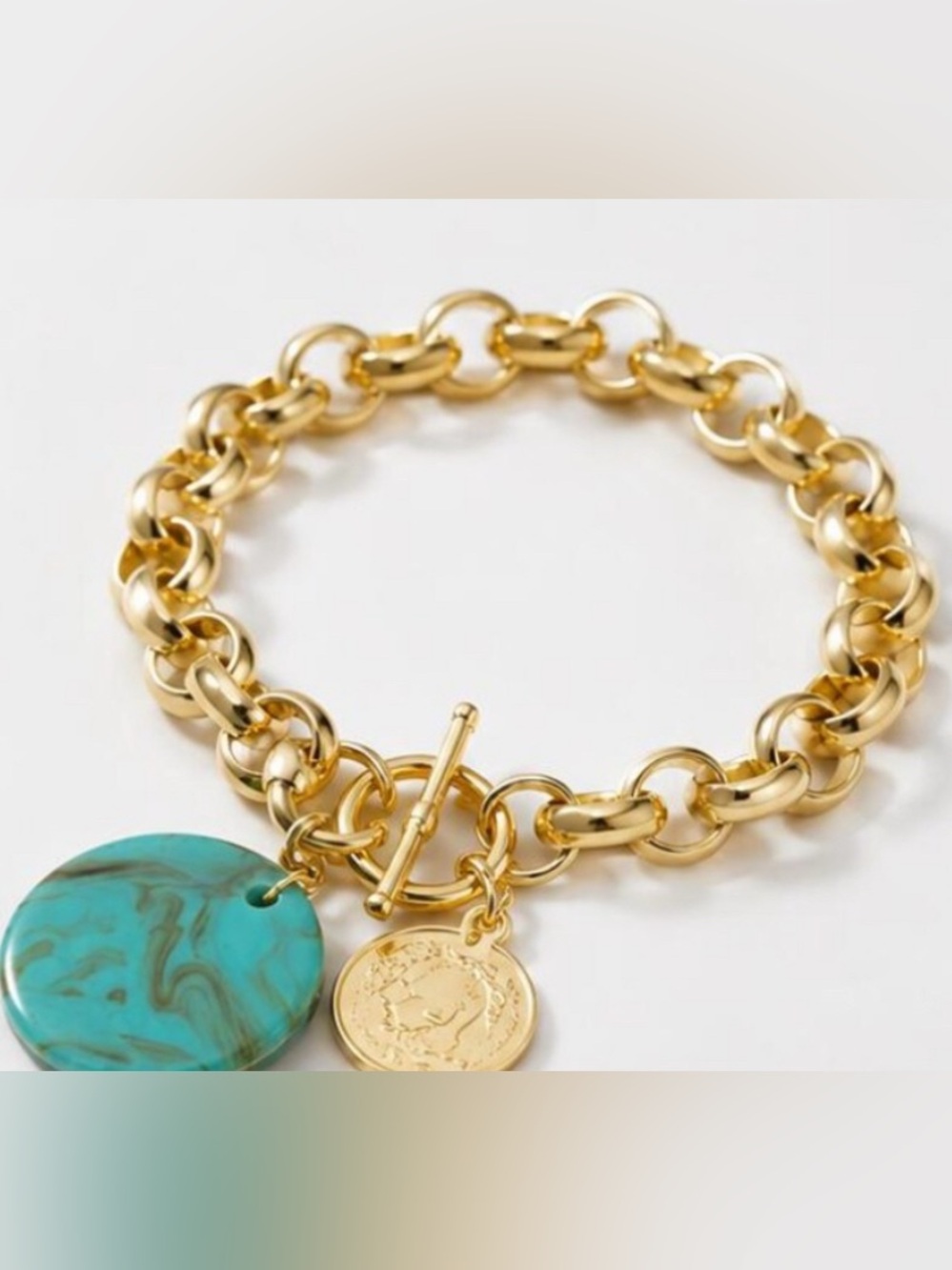 Gold Chain Charm Bracelet with Turquoise acrylic Pendant and coin charm
